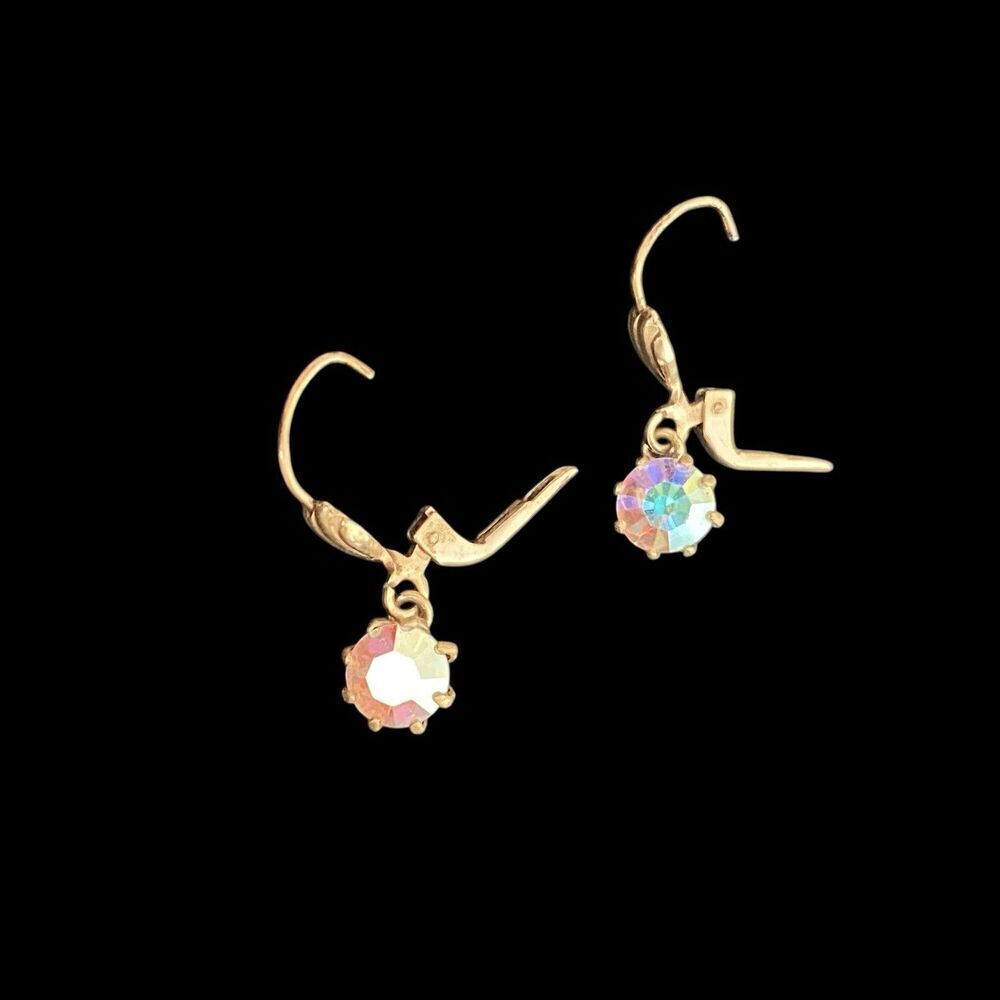 Vintage Earrings W Germany Pierced Aurora Borealis AB Round Dangle Gold Tone